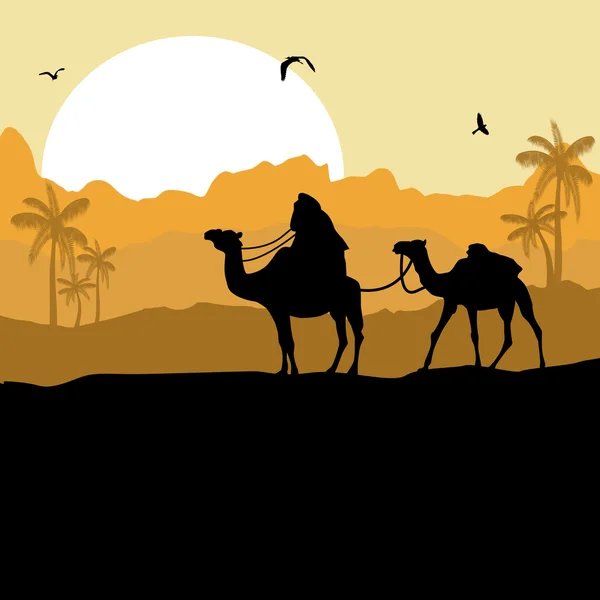 Camel caravan in desert — Stock Vector