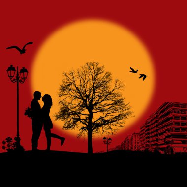 Romantik Çift siluet cityscape üzerinde