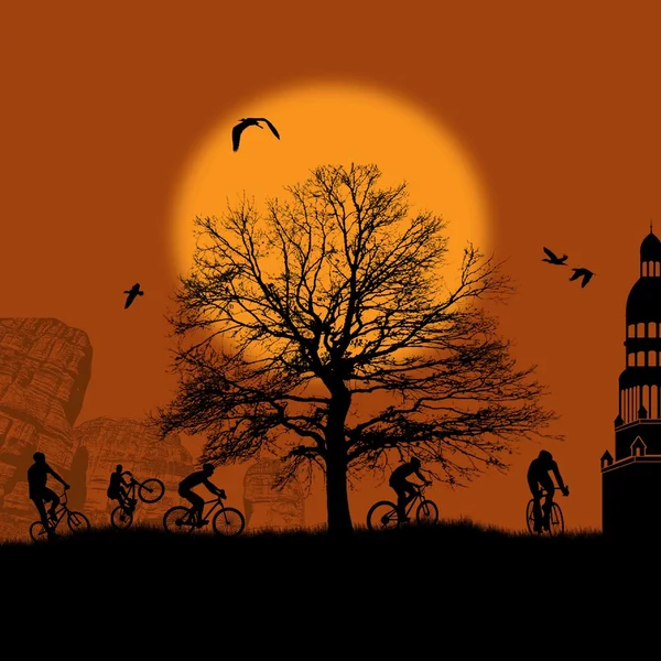 Silhouettes cyclistes au coucher du soleil — Image vectorielle