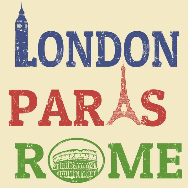 Londra, Parigi e Roma francobolli grunge — Vettoriale Stock