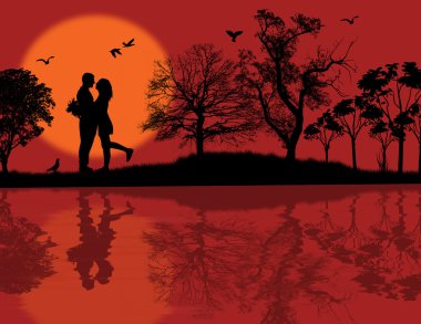 Romantik Çift siluet kucaklama