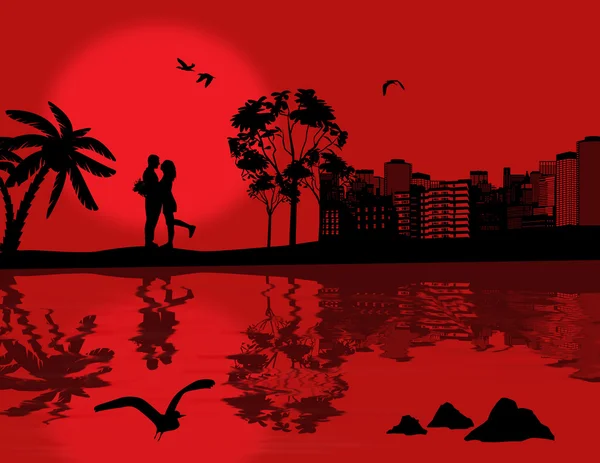 Couple romantique silhouette sur coucher de soleil rouge — Image vectorielle