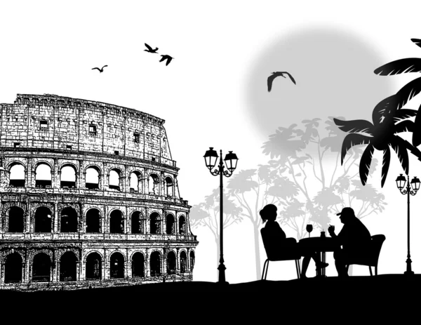 Couple silhouette in cafe in front of Colosseum — Stock Vector