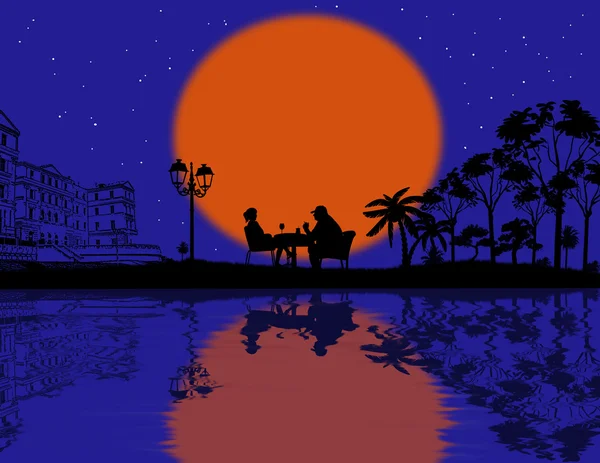 Couple silhouette sur coucher de soleil — Image vectorielle