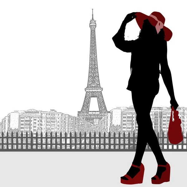 Vrouw silhouet en Parijs skyline poster — Stockvector