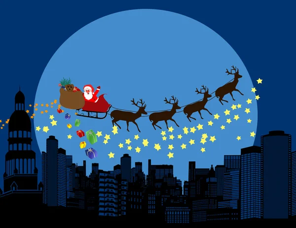 Santa Claus y ciervos siluetas volando sobre una ciudad — Vector de stock