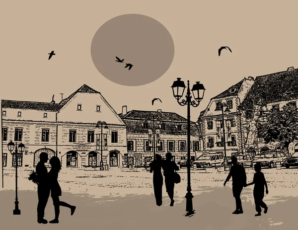 Fond de design vectoriel avec beau paysage urbain et silhouette des gens — Image vectorielle