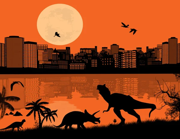 Dinosaurussen silhouettes vooraan een stad scape — Stockvector