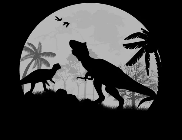 Dinosaurs vector Silhouettes in front a full moon — Stock Vector