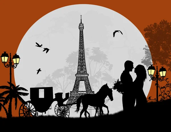 Carriage and lovers at night in Paris — Stock Vector