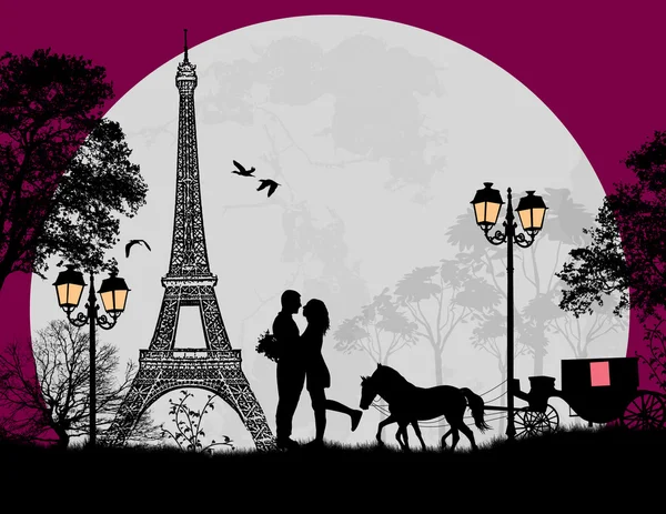Carriage and lovers at night in Paris — Stock Vector