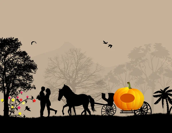 Pumpkin carriage and lovers — Stock Vector