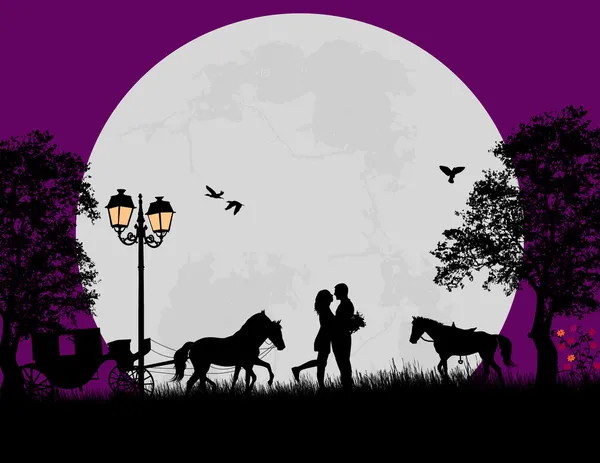 Carriage and lovers at night — Stock Vector