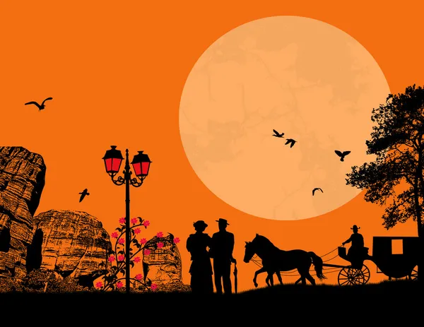 Couple of old people with horse and carriage Royalty Free Stock Illustrations