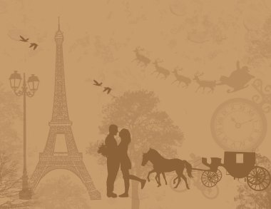 Carriage and lovers in Paris clipart