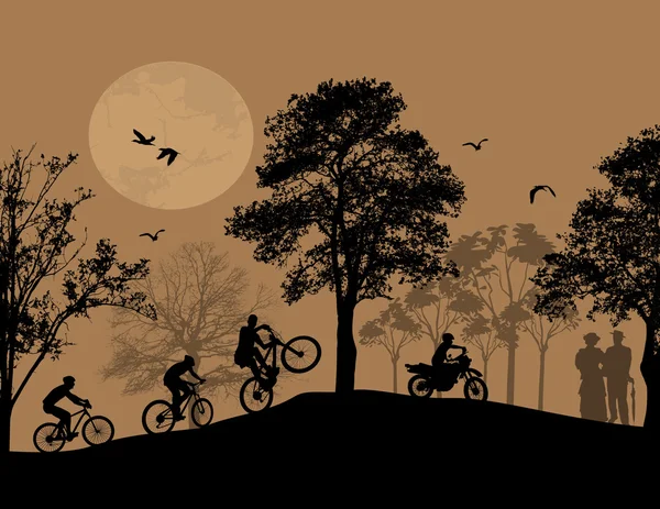 Велосипедисти силуети на красивому ландшафті — стоковий вектор