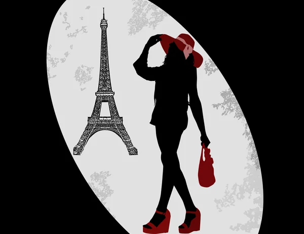 Vrouw silhouet en eiffel tower, — Stockvector