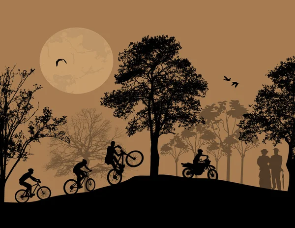 Siluetas ciclistas en hermoso paisaje — Vector de stock