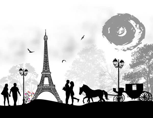 Carriage and lovers in Paris — Stock Vector