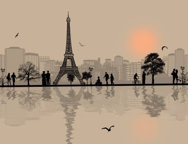 Paris cityscape ve insan silueti