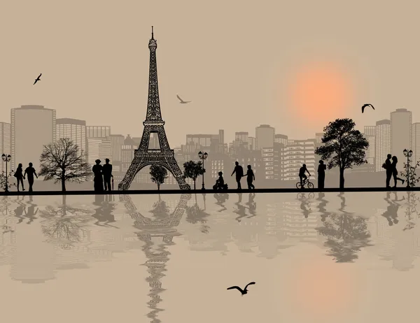 Paysage urbain de Paris et silhouette des personnes — Image vectorielle