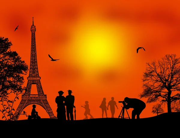 Paris sur un magnifique coucher de soleil orange — Image vectorielle