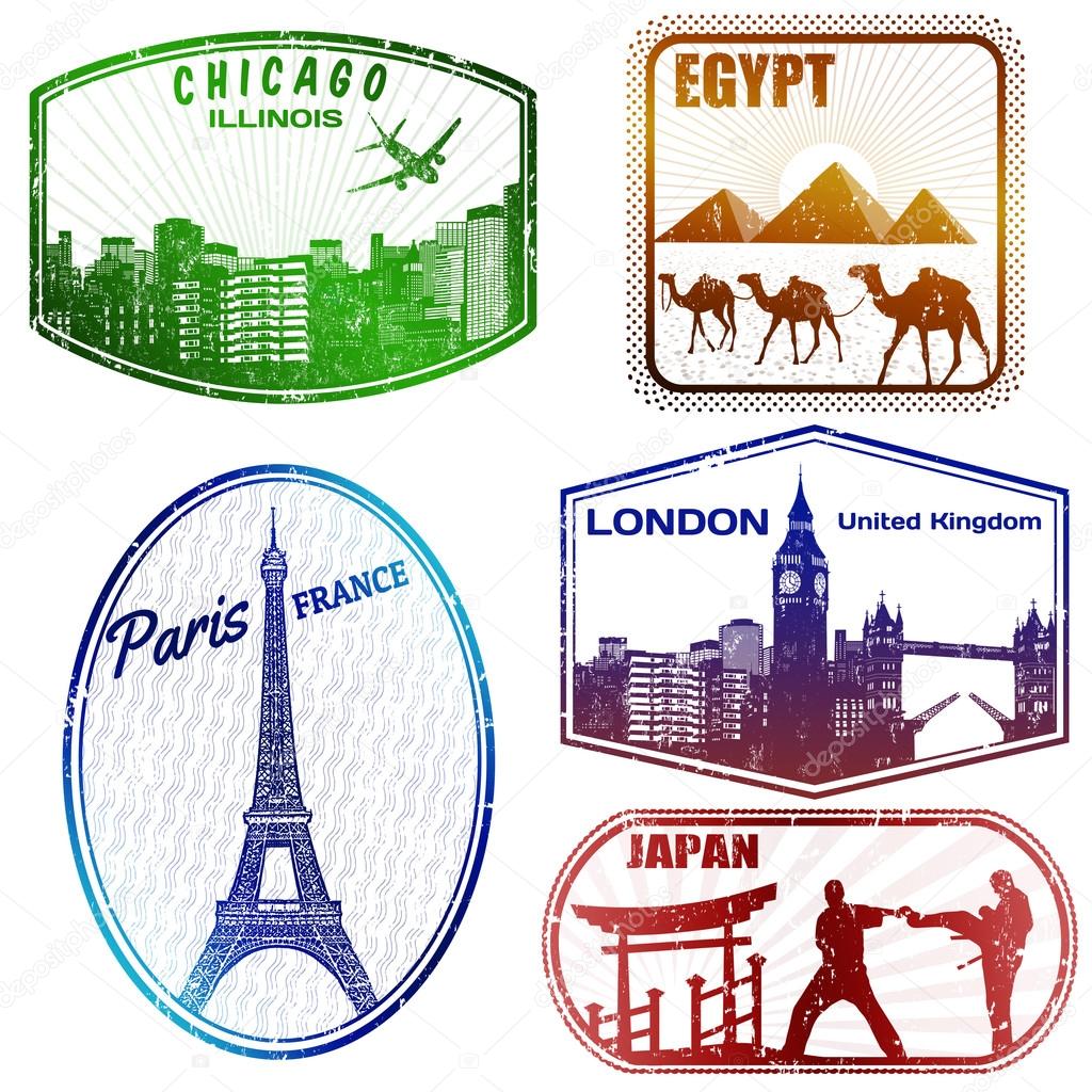 Travel stamps on white