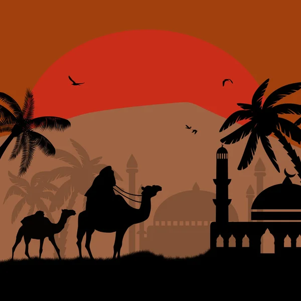 Бедуины верхом на верблюде в красную ночь — стоковый вектор