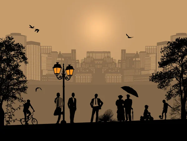 Belle silhouette de paysage urbain et de gens — Image vectorielle