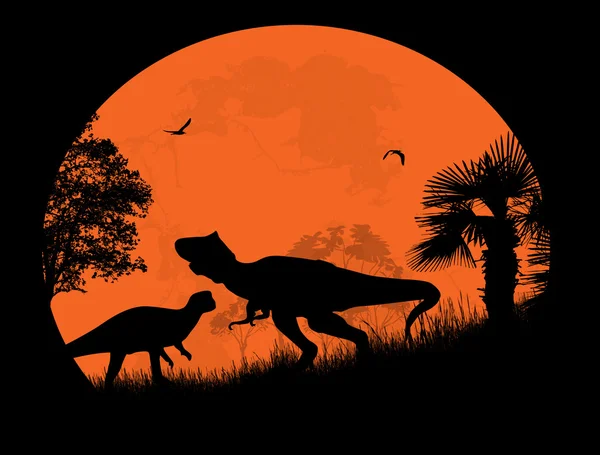 Dinosaurussen silhouettes vooraan een volle maan — Stockvector