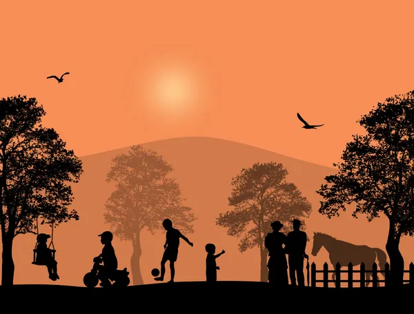 Niños jugando en un parque — Vector de stock