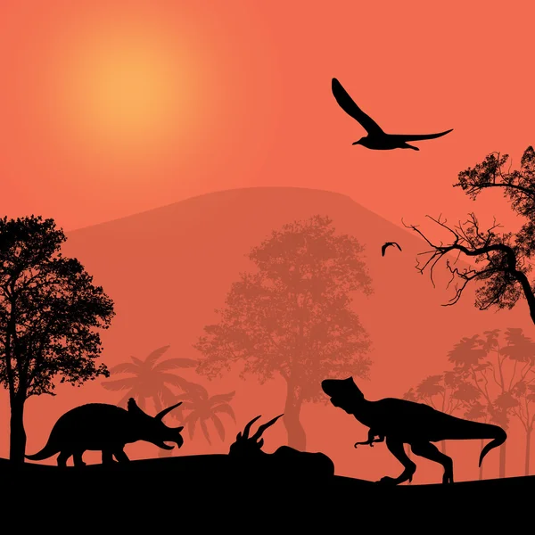 Siluetas de dinosaurios en hermoso paisaje — Vector de stock