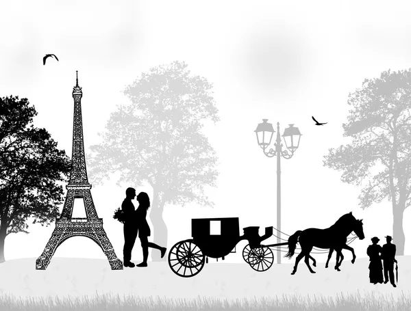 Carriage and lovers in Paris — Stock Vector