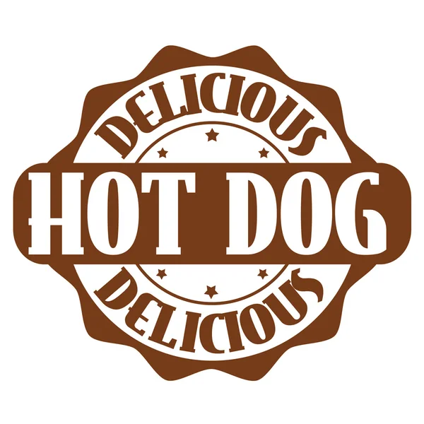 Delizioso timbro o etichetta hot dog — Vettoriale Stock