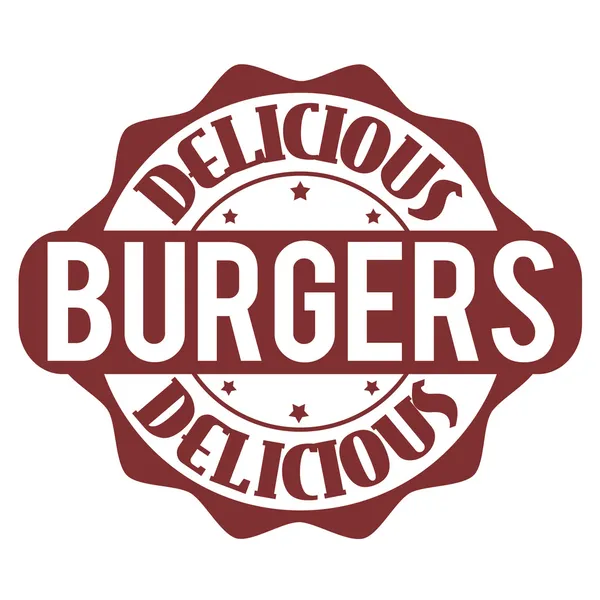 Delicious burgers stamp or label — Stock Vector