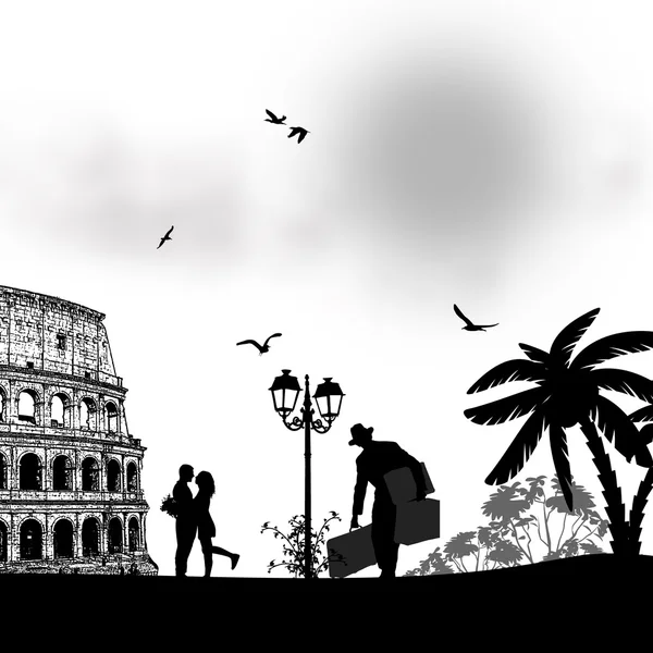 Paar silhouet in de liefde voor het colosseum in rome — Stockvector