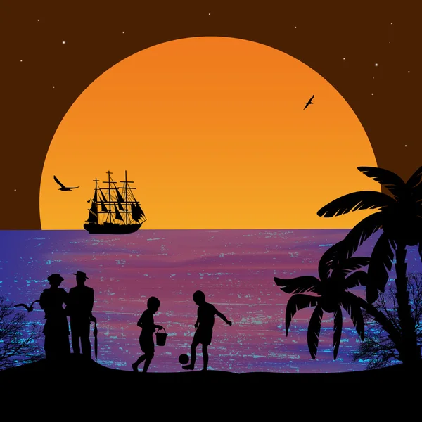 Niños jugando en la playa tropical — Vector de stock