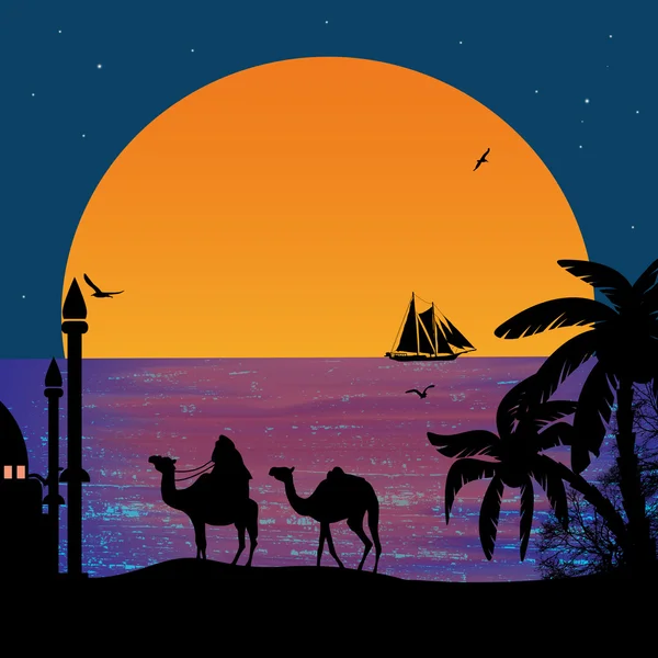 Camel caravan at sunset — Stock Vector