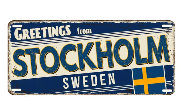 Greetings Stockholm Vintage Rusty Metal Plate White Background Vector Illustration — Stock Vector
