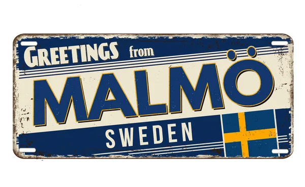Greetings Malmo Vintage Rusty Metal Plate White Background Vector Illustration — Stock Vector