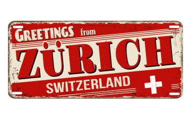 Beyaz arka planda Zürih klasik paslı metal plakadan selamlar, vektör illüstrasyonu