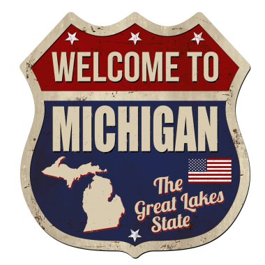 Beyaz arka plandaki Michigan klasik paslı metal tabelasına hoş geldiniz.