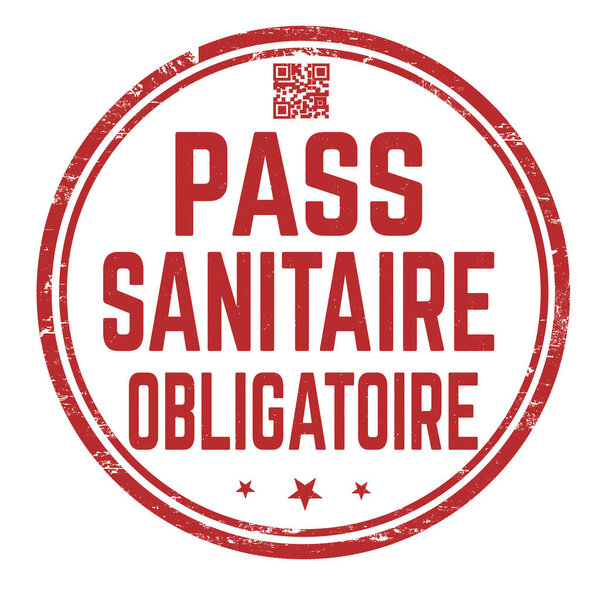 Compulsory health pass ( in french language ) grunge rubber stamp on white background, vector illustration	
