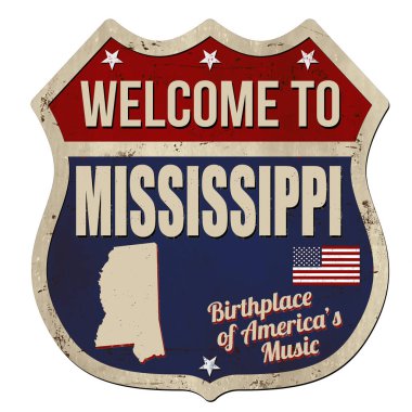 Beyaz arka plandaki Mississippi klasik paslı metal tabelasına hoş geldiniz.