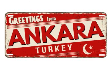 Ankara 'dan beyaz zemin üzerinde paslı metal plaka ve vektör illüstrasyonundan selamlar