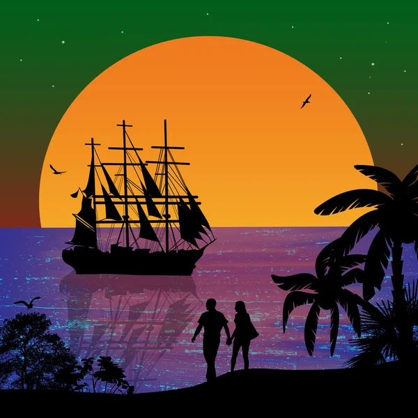 Puesta del sol del mar con el barco y siluetas de pareja — Vector de stock