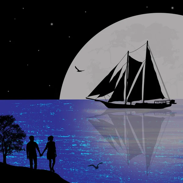 Night seascape with boat and couple silhouettes — Stock Vector