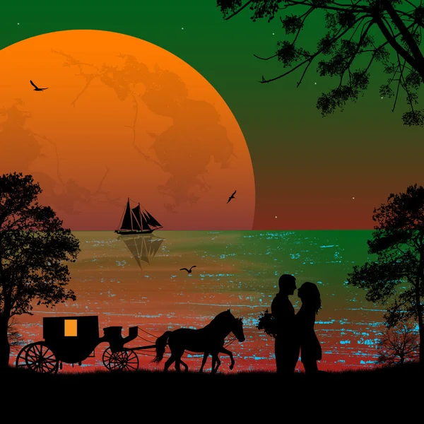 Carriage and lovers at sunset — Stock Vector