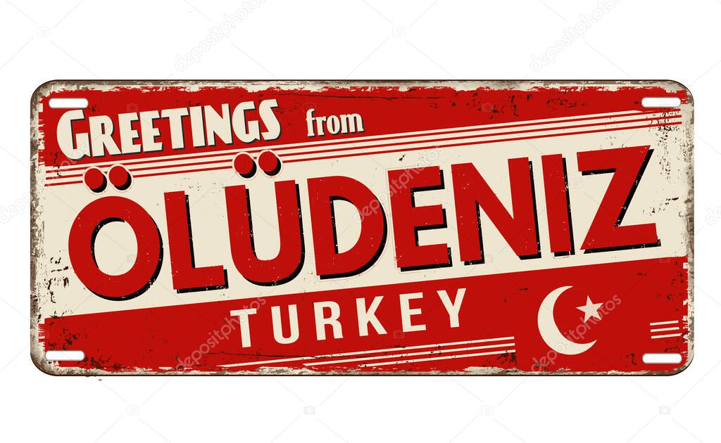 Greetings from Oludeniz vintage rusty metal plate on a white background, vector illustration