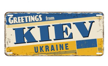 Beyaz arka planda Kiev vintage paslı metal plakadan selamlar, vektör illüstrasyonu